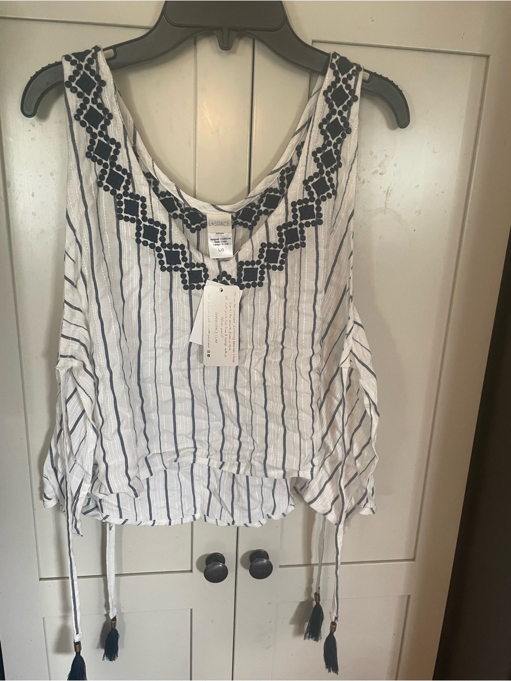 l*space White Striped Embroidered Tank with Navy Accents